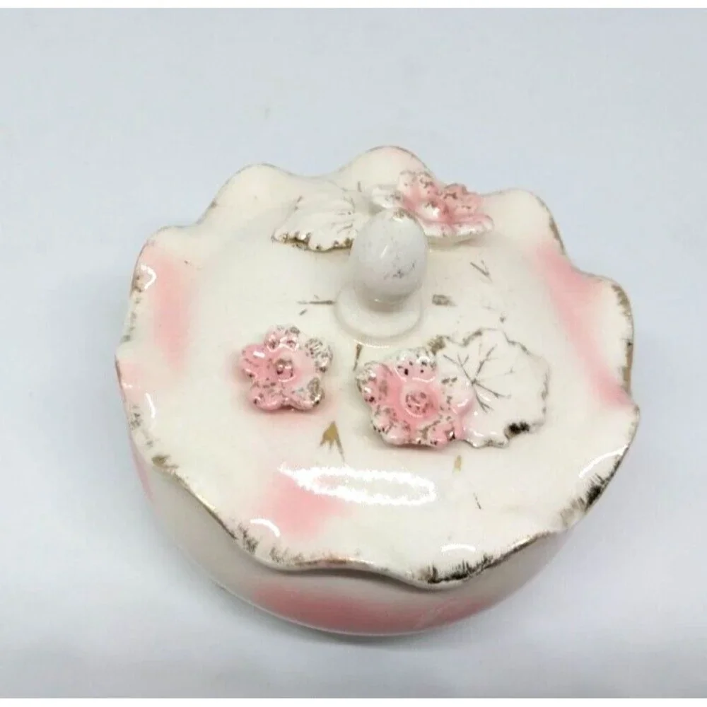 VTG Pink Flower Ceramic Trinket Box with Ivory Gold Lid Hand Painted Japan
